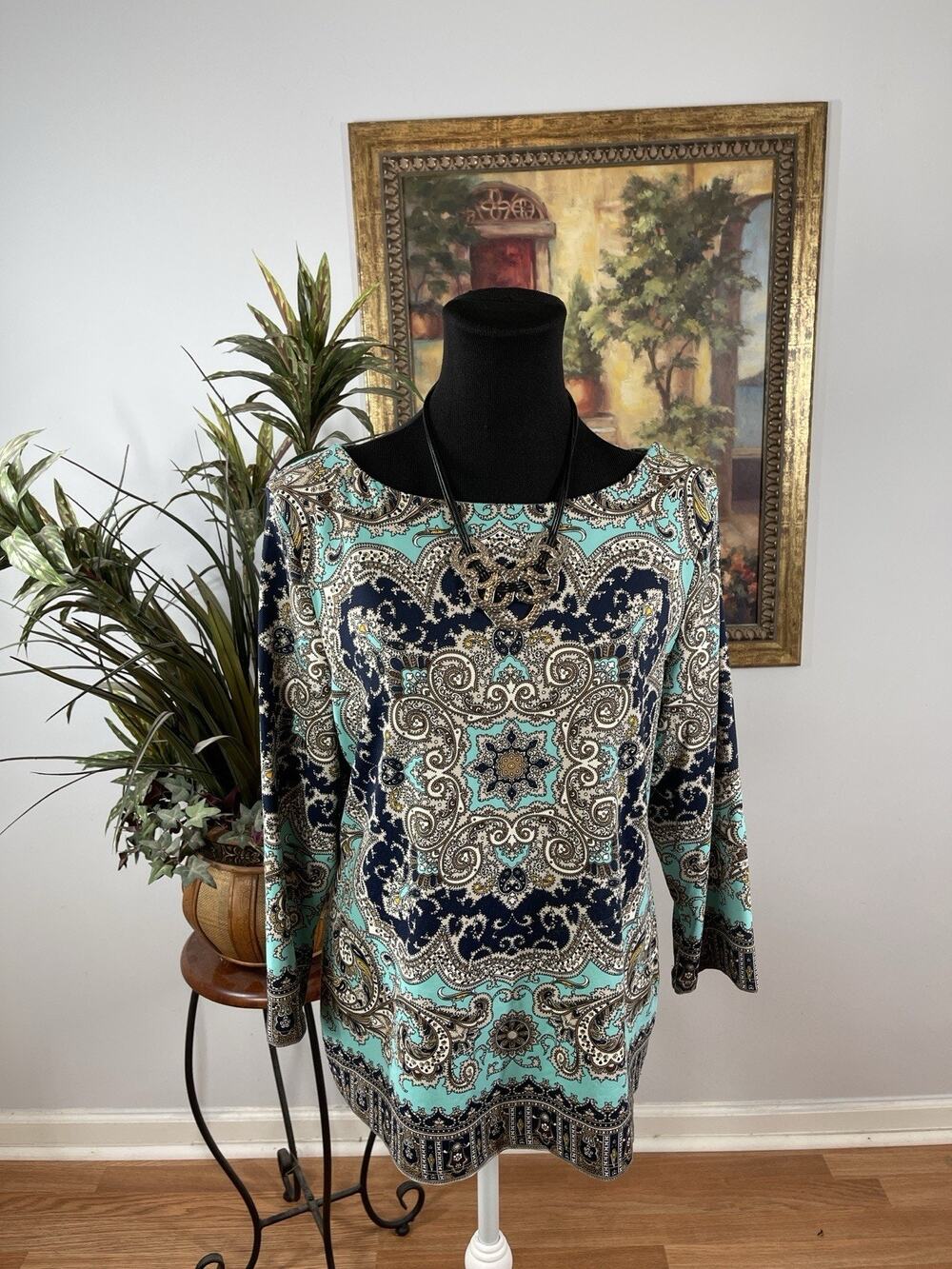 Charter Club Women’s Small Paisley Medallion Tunic Top Aqua Navy 3/4 Sleeve Boho